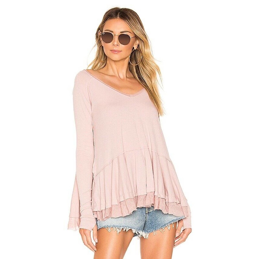Free People We The Free •XS• Tangerine Thumbhole Flared Hem Distressed Pink Top - Picture 2 of 9